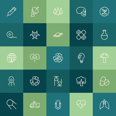 Modern Simple Set of health, science, nature Vector outline Icons. ..Contains such Icons as  magnet,  syringe,  forest,  green,  skeleton and more on green background. Fully Editable. Pixel Perfect.