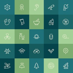 Modern Simple Set of health, science, nature Vector outline Icons. ..Contains such Icons as  science, night, medicine,  water,  floral, ear and more on green background. Fully Editable. Pixel Perfect.