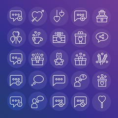 Modern Simple Set of chat and messenger, valentine Vector outline Icons. ..Contains such Icons as love, heart,  celebration,  heart, cup and more on gradient background. Fully Editable. Pixel Perfect.