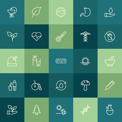 Modern Simple Set of health, science, nature Vector outline Icons. ..Contains such Icons as  lab,  floral,  nature,  structure,  metal and more on green background. Fully Editable. Pixel Perfect.