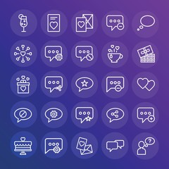 Modern Simple Set of chat and messenger, valentine Vector outline Icons. ..Contains such Icons as  remove,  faq,  sweet,  wedding,  new and more on gradient background. Fully Editable. Pixel Perfect.