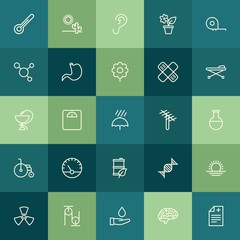 Modern Simple Set of health, science, nature Vector outline Icons. ..Contains such Icons as  dry, brain,  temperature,  celsius,  sound and more on green background. Fully Editable. Pixel Perfect.
