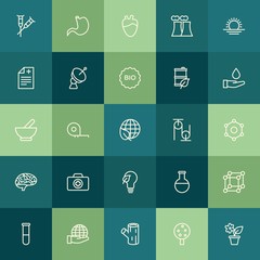 Modern Simple Set of health, science, nature Vector outline Icons. ..Contains such Icons as chemistry,  plant,  ruler,  health, human,  lab and more on green background. Fully Editable. Pixel Perfect.