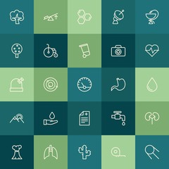 Modern Simple Set of health, science, nature Vector outline Icons. ..Contains such Icons as  anatomy,  medical,  ruler,  universe,  kidney and more on green background. Fully Editable. Pixel Perfect.