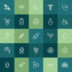Modern Simple Set of health, science, nature Vector outline Icons. ..Contains such Icons as  spaceship,  natural,  particle,  space,  force and more on green background. Fully Editable. Pixel Perfect.