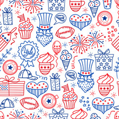 4 july. USA independence day seamless background.Hand draw traditional United States symbols . Doodle style vector illustration - 201049748