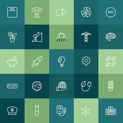 Modern Simple Set of health, science, nature Vector outline Icons. ..Contains such Icons as  voltmeter, rocket,  electronic, abstract,  lab and more on green background. Fully Editable. Pixel Perfect.