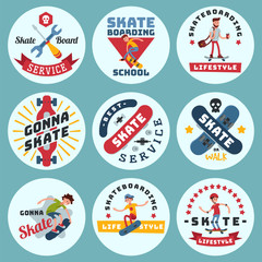 Skateboarders people tricks silhouettes sport badge extreme action active skateboarding urban young jump person vector illustration.