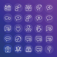 Modern Simple Set of chat and messenger, valentine Vector outline Icons. ..Contains such Icons as  cake, gift,  think,  holiday, chat and more on gradient background. Fully Editable. Pixel Perfect.