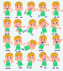 Obraz na płótnie Canvas Cartoon character white girl. Set with different postures, attitudes and poses, doing different activities in isolated vector illustrations.