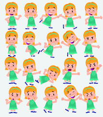 Cartoon character white girl. Set with different postures, attitudes and poses, doing different activities in isolated vector illustrations.