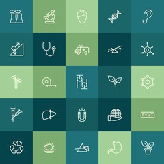 Modern Simple Set of health, science, nature Vector outline Icons. ..Contains such Icons as stomach,  sunrise,  eco,  pain,  world,  sky and more on green background. Fully Editable. Pixel Perfect.