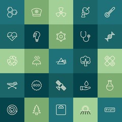 Fototapeta premium Modern Simple Set of health, science, nature Vector outline Icons. ..Contains such Icons as organic, experiment, planet, vector, rain and more on green background. Fully Editable. Pixel Perfect.