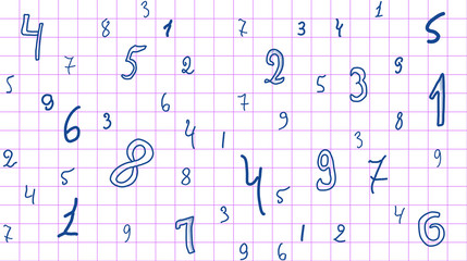 The pattern of hand-drawn numbers in math notebook. Seamless bac