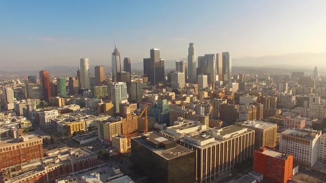 4K Aerial Hyperlapse shot of big city in the morning, fast takeoff, Downtown, Los Angeles, California, USA