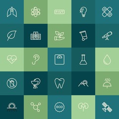 Modern Simple Set of health, science, nature Vector outline Icons. ..Contains such Icons as  school,  atom,  technology,  organic, eco, ear and more on green background. Fully Editable. Pixel Perfect.