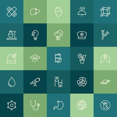 Modern Simple Set of health, science, nature Vector outline Icons. ..Contains such Icons as atom,  healthy,  environment,  weather, bandaid and more on green background. Fully Editable. Pixel Perfect.