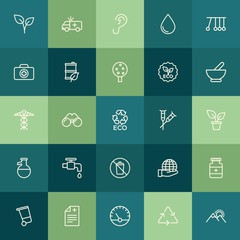 Modern Simple Set of health, science, nature Vector outline Icons. ..Contains such Icons as garbage,  landscape,  green,  leaf,  can,  sky and more on green background. Fully Editable. Pixel Perfect.