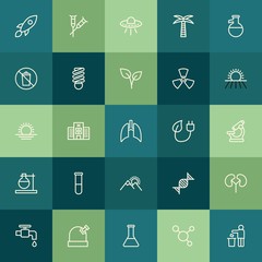 Modern Simple Set of health, science, nature Vector outline Icons. ..Contains such Icons as  spacecraft,  leaf,  symbol, element,  cell and more on green background. Fully Editable. Pixel Perfect.