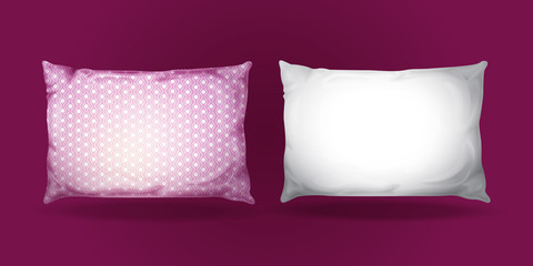 Vector 3d pillow mockup set. Realistic bedding fabric elements. White purple feather cotton rectangular cushion, cozy, comfortable interior object for bed relaxation, illustration on violet background