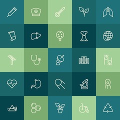 Modern Simple Set of health, science, nature Vector outline Icons. ..Contains such Icons as  healthcare,  biology,  person, interior,  drug and more on green background. Fully Editable. Pixel Perfect.