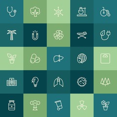 Modern Simple Set of health, science, nature Vector outline Icons. ..Contains such Icons as chemistry,  home,  health, forest,  medicine and more on green background. Fully Editable. Pixel Perfect.