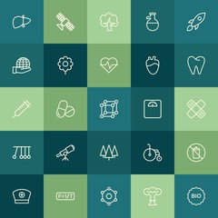Modern Simple Set of health, science, nature Vector outline Icons. ..Contains such Icons as  earth,  pharmacy,  handicap, satellite,  icon and more on green background. Fully Editable. Pixel Perfect.