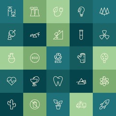 Modern Simple Set of health, science, nature Vector outline Icons. ..Contains such Icons as  technology,  plant,  molecular, pulley, rocket and more on green background. Fully Editable. Pixel Perfect.