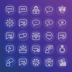Modern Simple Set of chat and messenger, valentine Vector outline Icons. ..Contains such Icons as sweet,  present, error,  note, chat and more on gradient background. Fully Editable. Pixel Perfect.