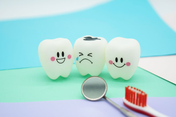 Model Cute toys teeth in dentistry on colorful pastel paper for background .