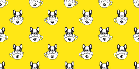 Dog seamless pattern vector french bulldog pug isolated cup background puppy cartoon yellow wallpaper