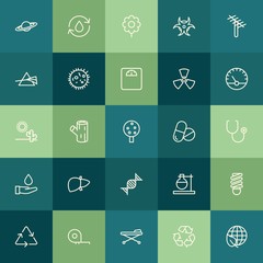 Modern Simple Set of health, science, nature Vector outline Icons. ..Contains such Icons as  bulb,  astronomy,  spring,  electricity, meter and more on green background. Fully Editable. Pixel Perfect.