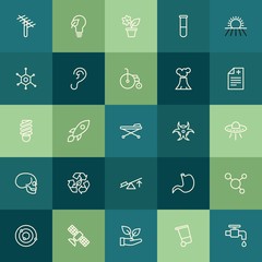 Modern Simple Set of health, science, nature Vector outline Icons. ..Contains such Icons as  chemistry, plant, satellite,  bin, green,  pot and more on green background. Fully Editable. Pixel Perfect.