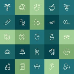 Modern Simple Set of health, science, nature Vector outline Icons. ..Contains such Icons as  waste, herbal,  garbage,  summer, eco,  health and more on green background. Fully Editable. Pixel Perfect.