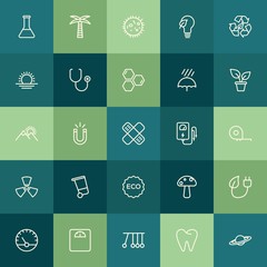 Modern Simple Set of health, science, nature Vector outline Icons. ..Contains such Icons as  universe,  save,  lab,  chemical, green,  leaf and more on green background. Fully Editable. Pixel Perfect.