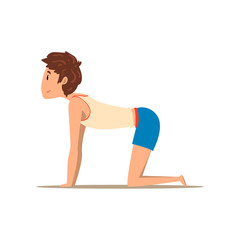 Boy in Cow yoga pose, Bitilasana, rehabilitation exercise for back pain and improving posture vector Illustration on a white background