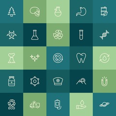 Modern Simple Set of health, science, nature Vector outline Icons. ..Contains such Icons as ecology,  lab, ambulance,  bone,  pine,  space and more on green background. Fully Editable. Pixel Perfect.