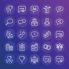 Modern Simple Set of chat and messenger, valentine Vector outline Icons. ..Contains such Icons as heart,  speech, floral,  vector, chat and more on gradient background. Fully Editable. Pixel Perfect.
