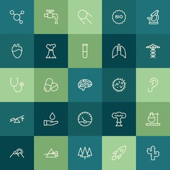 Modern Simple Set of health, science, nature Vector outline Icons. ..Contains such Icons as  health,  universe,  crane, prism,  drop,  save and more on green background. Fully Editable. Pixel Perfect.