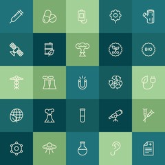 Modern Simple Set of health, science, nature Vector outline Icons. ..Contains such Icons as  molecular,  plant,  pharmacy,  spacecraft, ufo and more on green background. Fully Editable. Pixel Perfect.