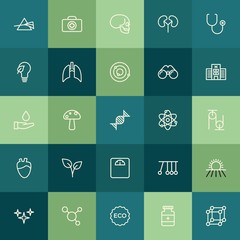 Modern Simple Set of health, science, nature Vector outline Icons. ..Contains such Icons as  molecule,  sign,  background, prism, food, eco and more on green background. Fully Editable. Pixel Perfect.