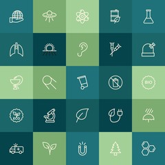 Modern Simple Set of health, science, nature Vector outline Icons. ..Contains such Icons as plant,  space, science,  molecule,  weather and more on green background. Fully Editable. Pixel Perfect.