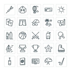 Modern Simple Set of sports, travel Vector outline Icons. ..Contains such Icons as  backpack,  sea,  dart,  knapsack,  shoe,  bicycle, gps and more on white background. Fully Editable. Pixel Perfect