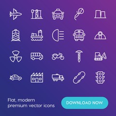 Modern Simple Set of transports, industry Vector outline Icons. ..Contains such Icons as  truck,  fuel,  yellow,  power,  equipment, gas and more on gradient background. Fully Editable. Pixel Perfect.