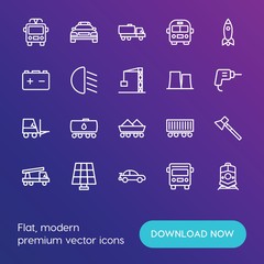 Modern Simple Set of transports, industry Vector outline Icons. ..Contains such Icons as  screwdriver, people walking street,  tool, car and more on gradient background. Fully Editable. Pixel Perfect.
