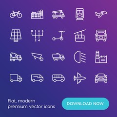 Fototapeta na wymiar Modern Simple Set of transports, industry Vector outline Icons. ..Contains such Icons as wheel, bicycle, industrial, shipping, sky and more on gradient background. Fully Editable. Pixel Perfect.