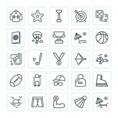 Modern Simple Set of sports, travel Vector outline Icons. ..Contains such Icons as  equipment,  backpack,  sport,  bag,  beach,  ice, shorts and more on white background. Fully Editable. Pixel Perfect