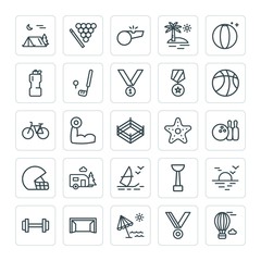 Modern Simple Set of sports, travel Vector outline Icons. ..Contains such Icons as island, referee, sunset,  cue,  beach,  air,  sea,  gym and more on white background. Fully Editable. Pixel Perfect
