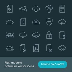 Modern Simple Set of cloud and networking, security, files Vector outline Icons. ..Contains such Icons as  vector,  design, technology, mail and more on dark background. Fully Editable. Pixel Perfect.