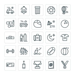 Modern Simple Set of sports, travel Vector outline Icons. ..Contains such Icons as bikini, sport, achievement,  surf, ring, boxing,  black and more on white background. Fully Editable. Pixel Perfect